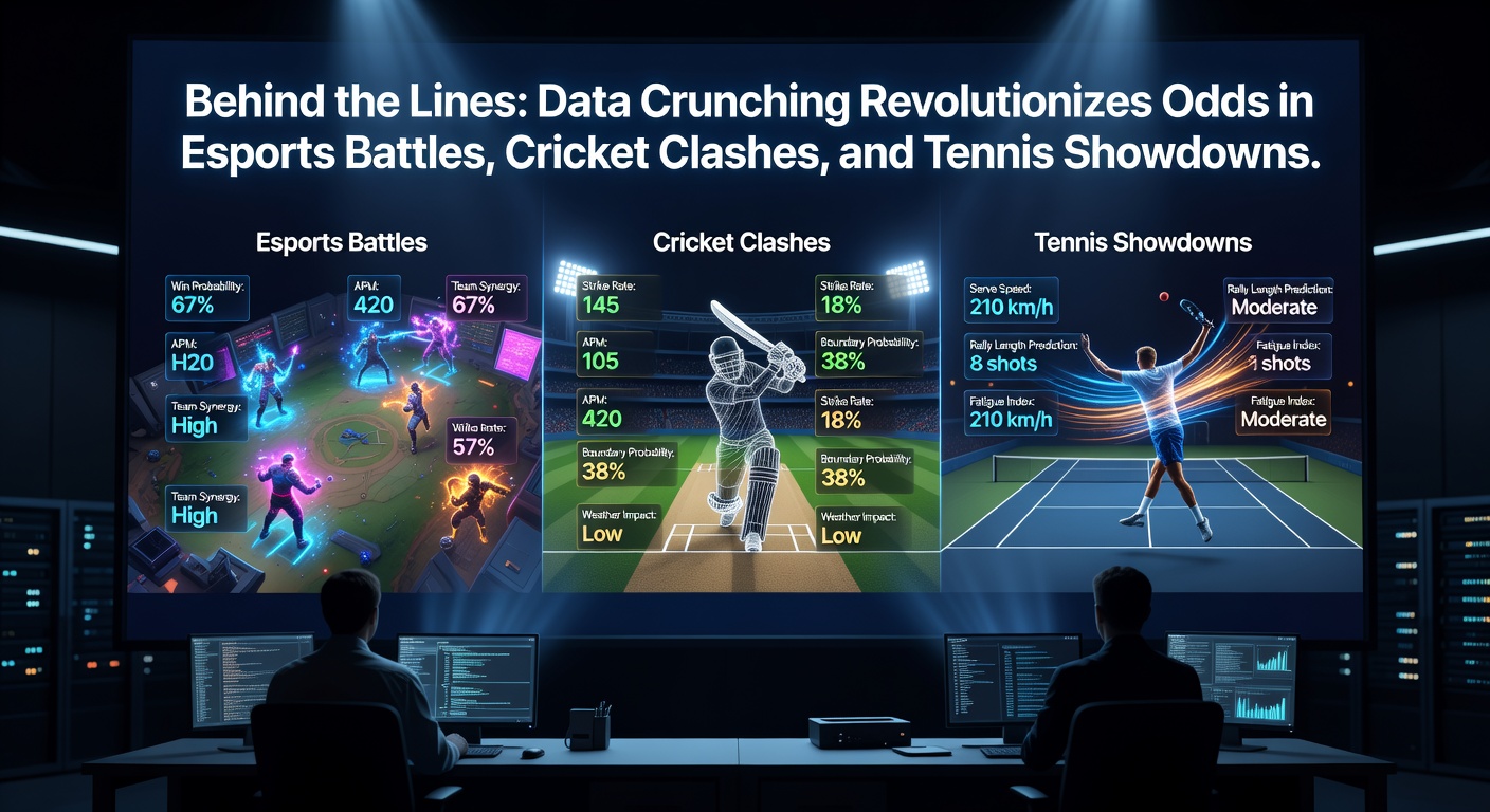 Data scientists analyzing real-time esports match data on multiple screens, highlighting player stats and predictive models