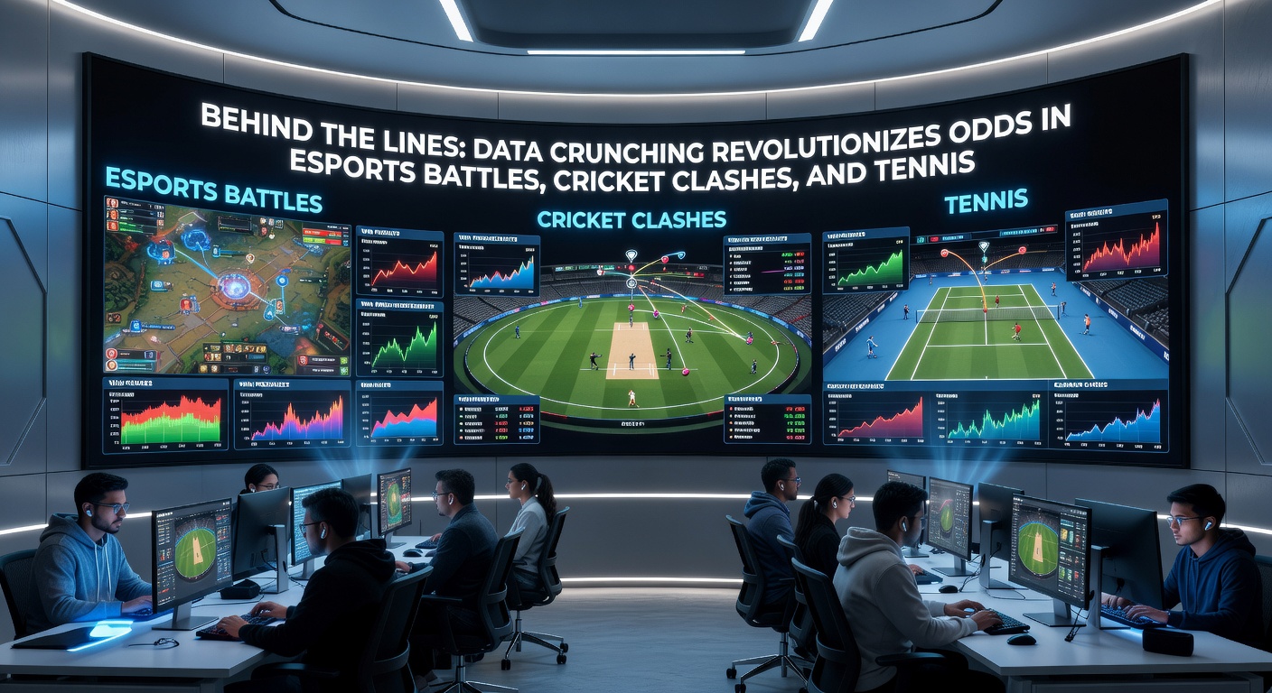 Cricket players in action on a sunlit field, with digital overlays showing bowler speed, trajectory predictions, and batting stats