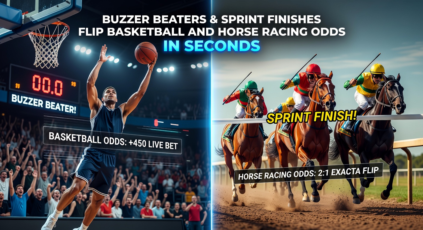Horse racing photo finish with two steeds crossing wire simultaneously, jockeys urging final surges amid blurred turf