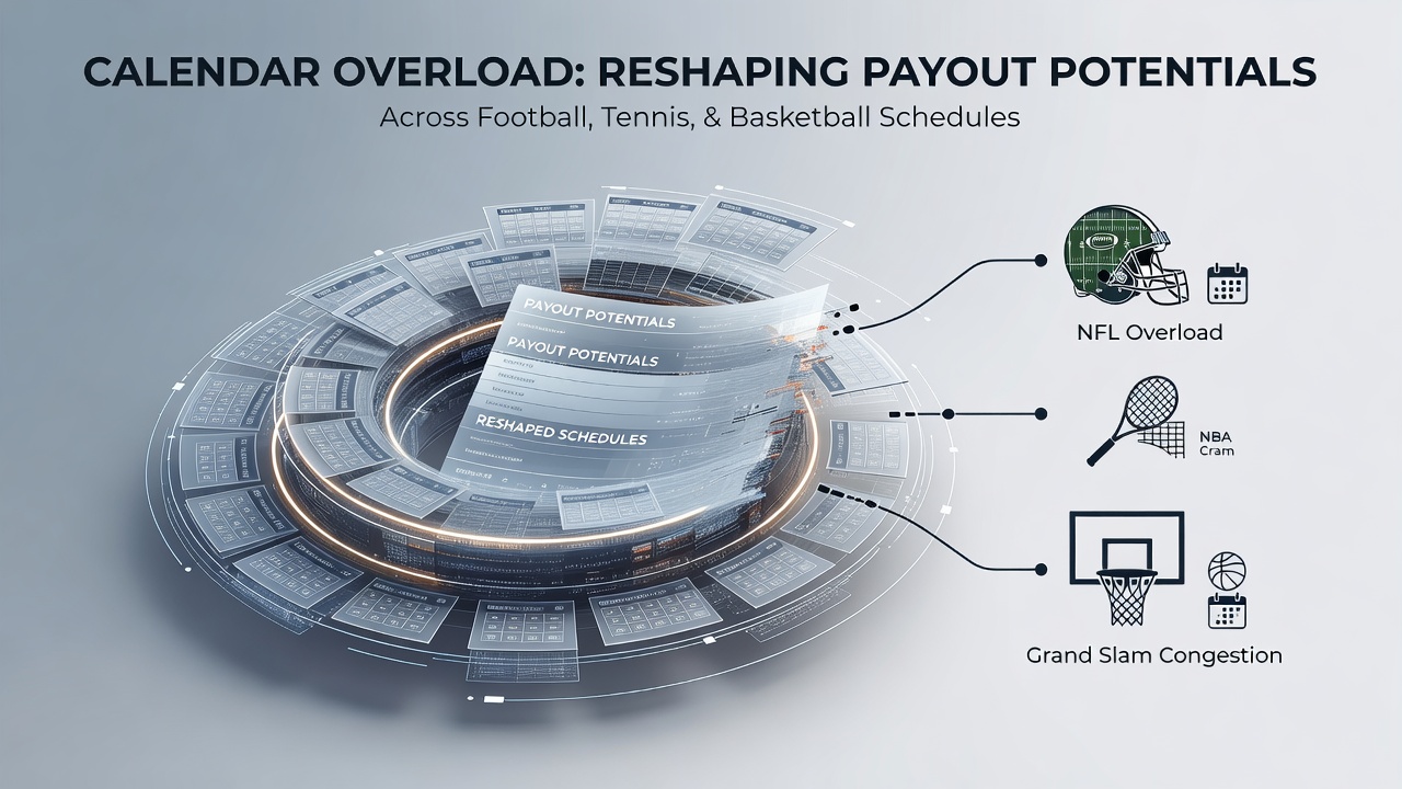 Visual representation of crowded sports calendars affecting football, tennis, and basketball betting markets