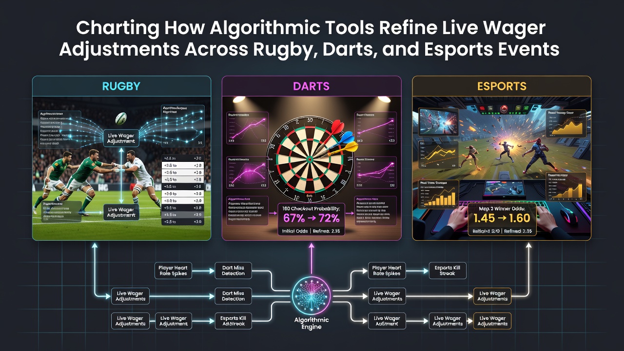 Algorithmic dashboards displaying live odds adjustments during rugby matches, darts tournaments, and esports competitions