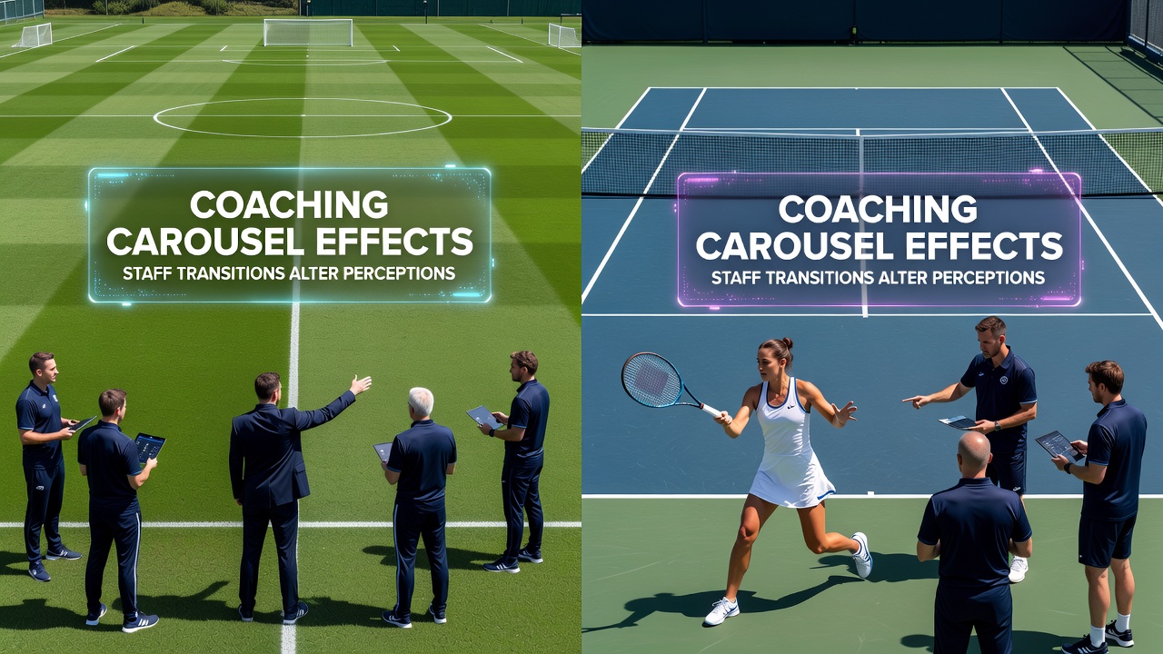 Tennis coach and player reviewing tactics courtside during a coaching transition