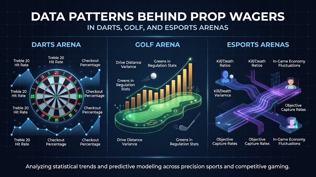 Data visualization showing prop bet trends across darts, golf, and esports competitions