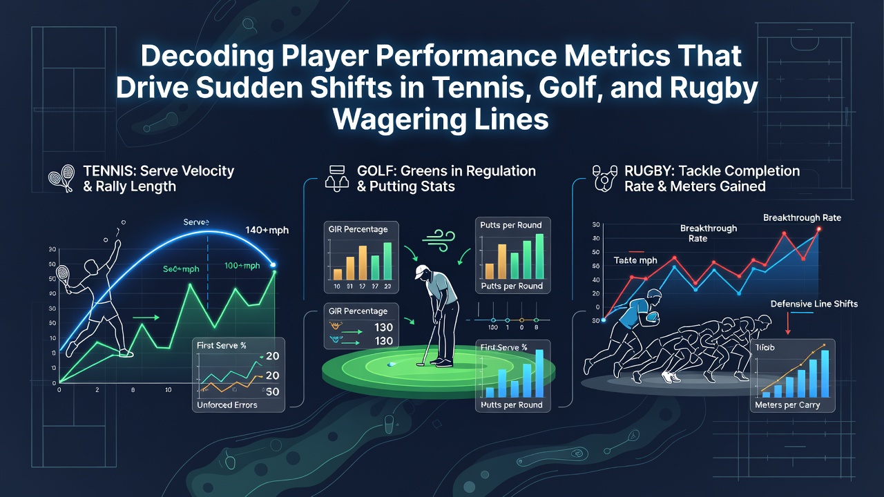 Performance analytics dashboard showing tennis serve percentages, golf driving accuracy stats, and rugby tackle success rates alongside live wagering line movements