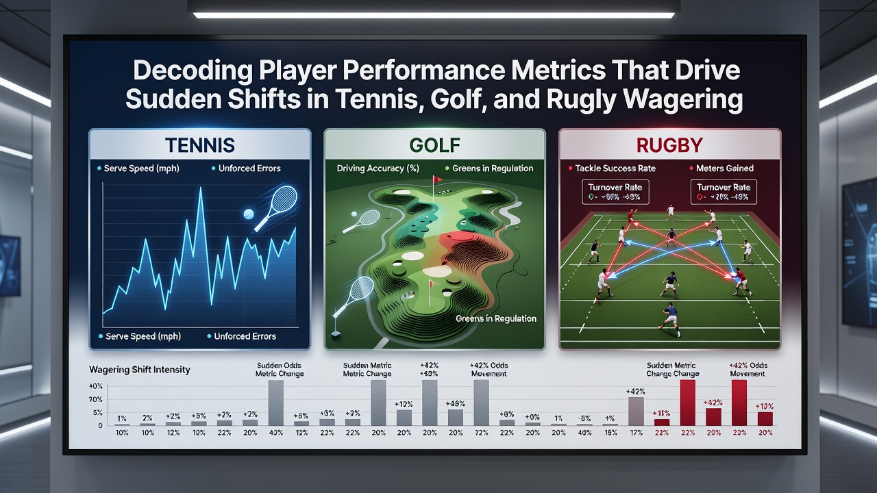 Golf course analytics overlay displaying strokes gained data and live betting adjustments during a major tournament round