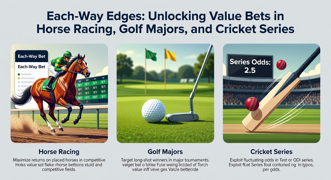 Golfers competing in a major tournament, with a leaderboard showing tight scores and each-way payout potential