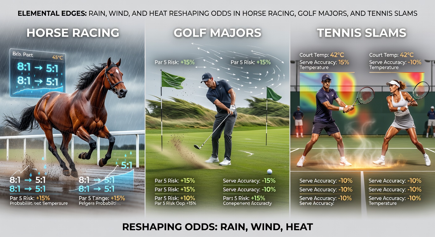 Golfers battling fierce winds on a coastal major course, flags whipping wildly as balls hover mid-air before dropping unpredictably