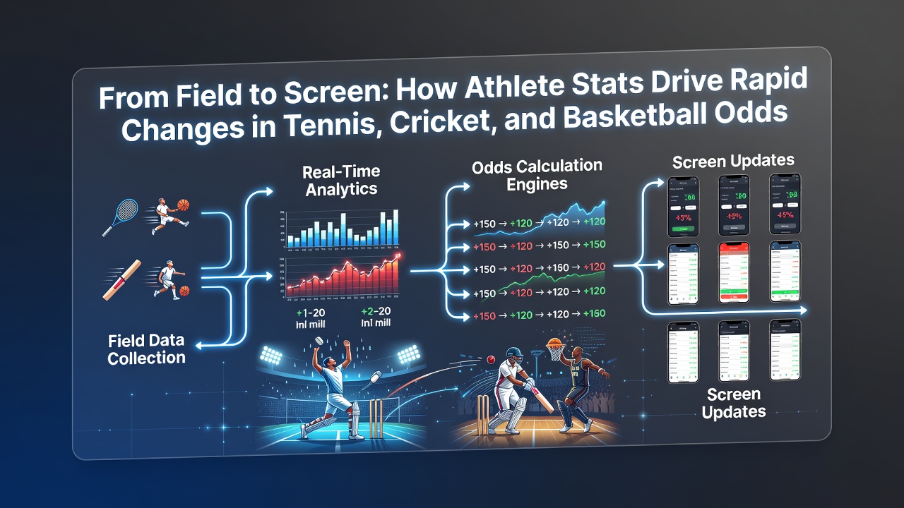 Athlete performance data visualized on screens with live sports betting interfaces showing tennis, cricket, and basketball metrics