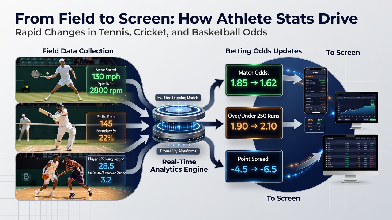 Live sports analytics dashboard displaying cricket bowling figures, basketball shooting percentages, and tennis serve data updating betting odds in real time