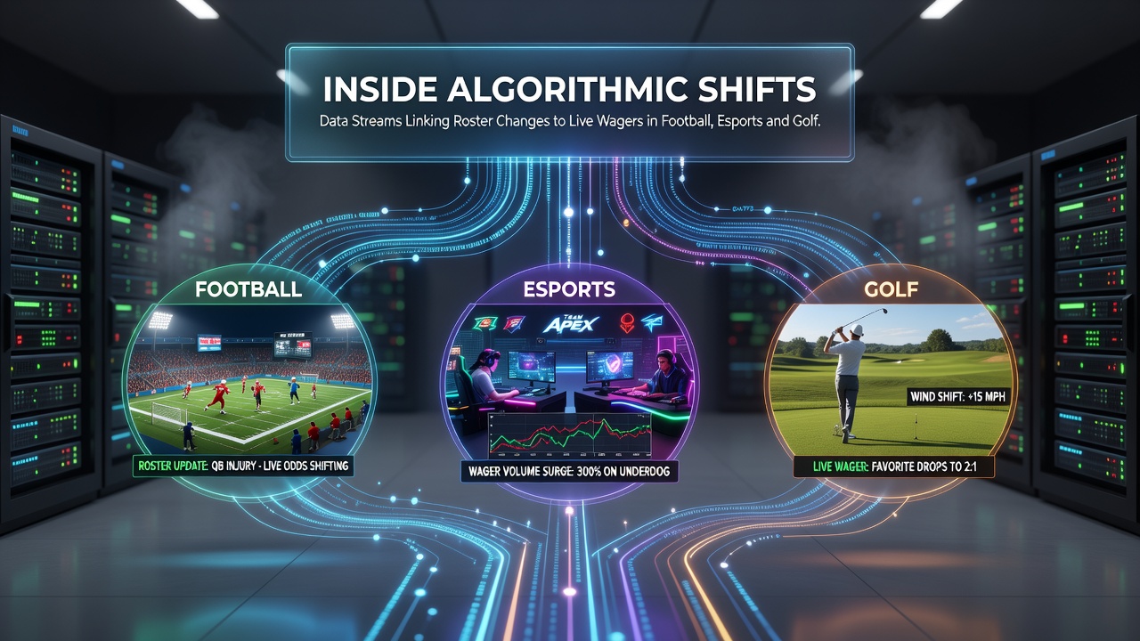 Data visualization showing algorithmic tracking of roster changes feeding into live betting odds across football, esports, and golf