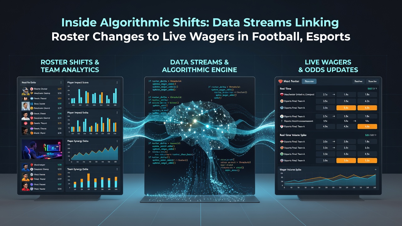 Live dashboard interface displaying real-time roster updates synchronized with betting markets in esports and golf events