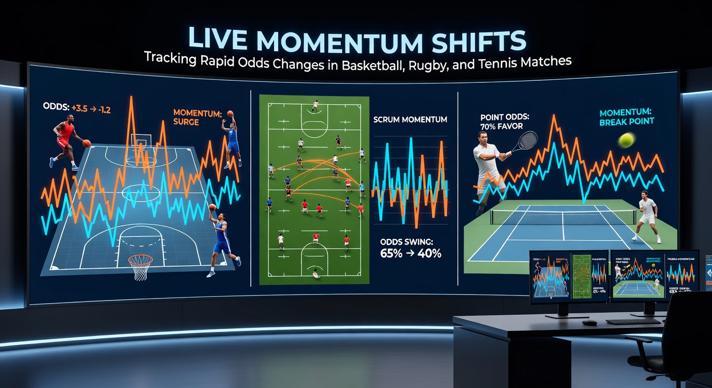 Dynamic graph showing live betting odds fluctuating during a high-stakes basketball game, with lines spiking and dipping in real time