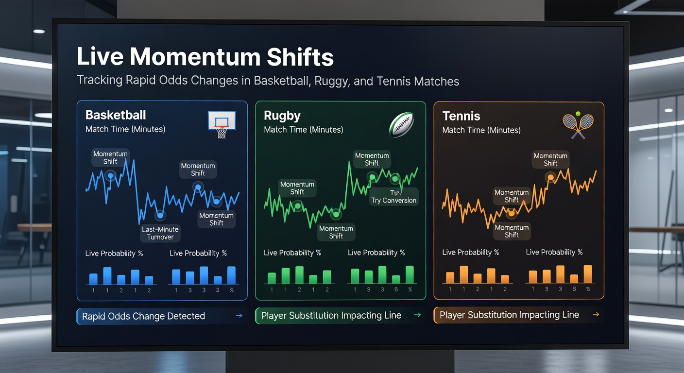 Close-up action shot of a rugby player breaking through defenders during a momentum-shifting try, odds overlay visible on screen