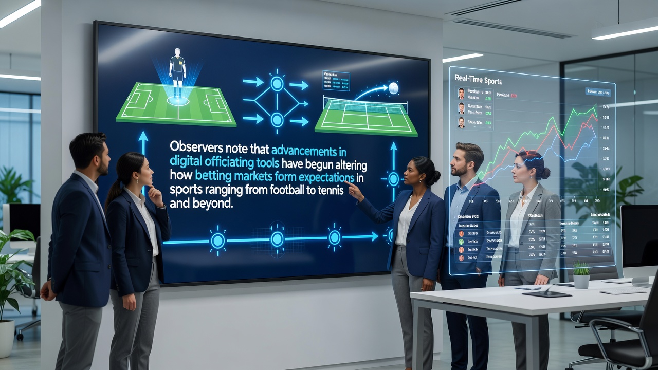 Digital officiating technology interface displaying VAR review and real-time data overlays during a football match