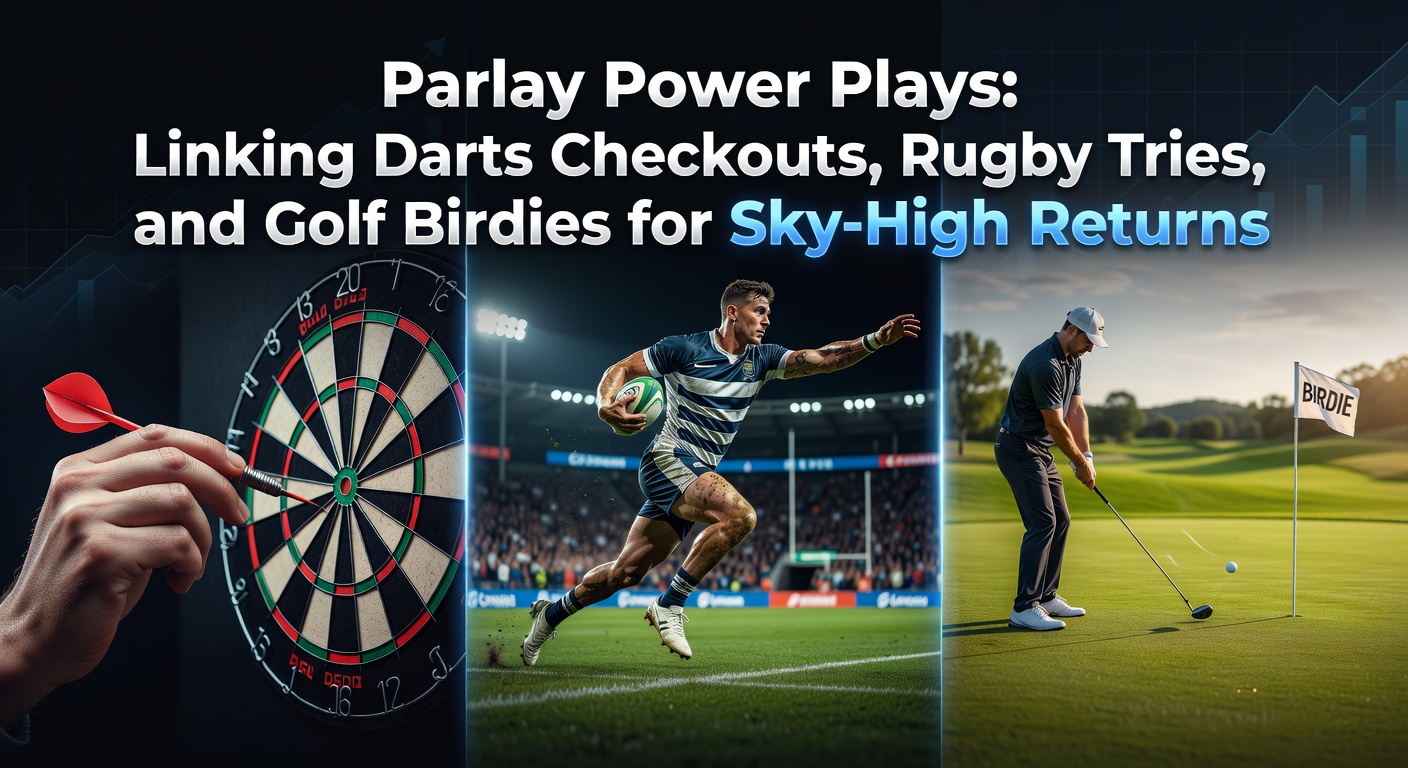 Darts player celebrating a perfect checkout while rugby and golf action unfolds in the background, highlighting multi-sport parlay excitement