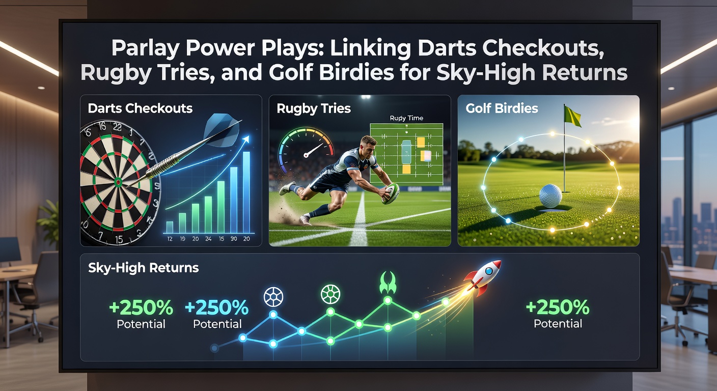 Rugby player diving for a try as a golfer sinks a birdie putt and darts board shows a checkout, symbolizing parlay synergy