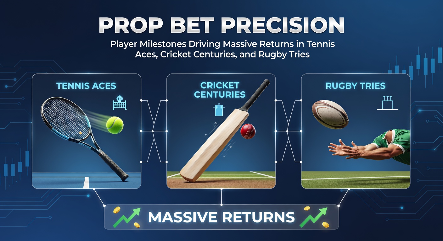 Dynamic action shot of a tennis player serving an ace, a cricketer celebrating a century, and a rugby player diving for a try, highlighting prop bet excitement