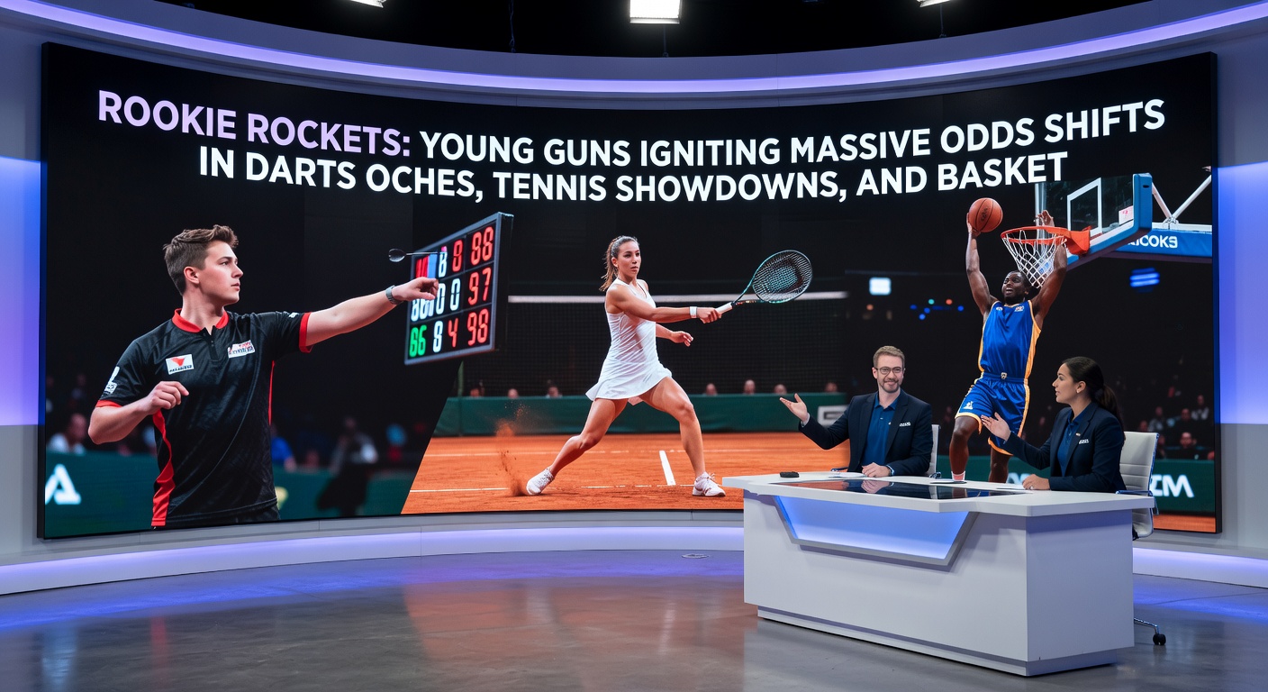 A teenage tennis player smashing a forehand winner, overlaid with fluctuating live odds graphics
