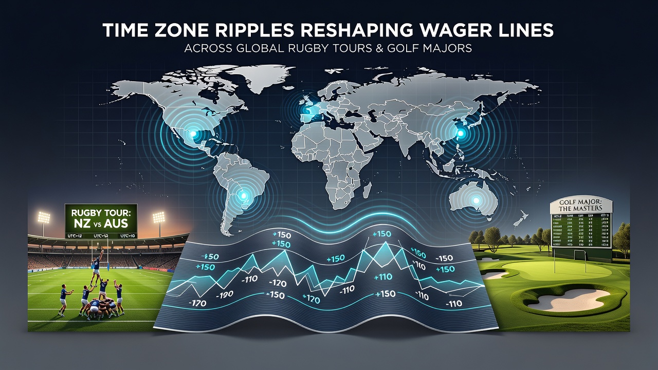 Golf course at sunset with live betting odds ticker and international time zone indicators