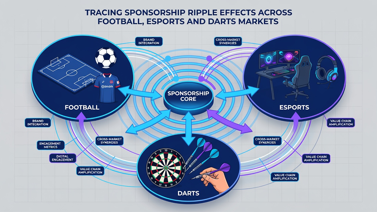 Esports arena with integrated sponsor branding and darts tournament stage showing cross-promotional signage