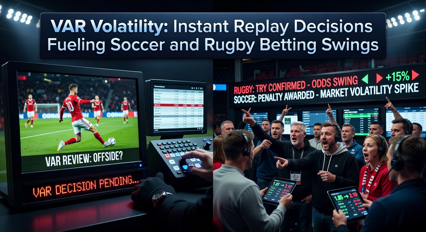 A soccer referee reviews a VAR decision on a monitor during a tense match, with players waiting anxiously on the pitch