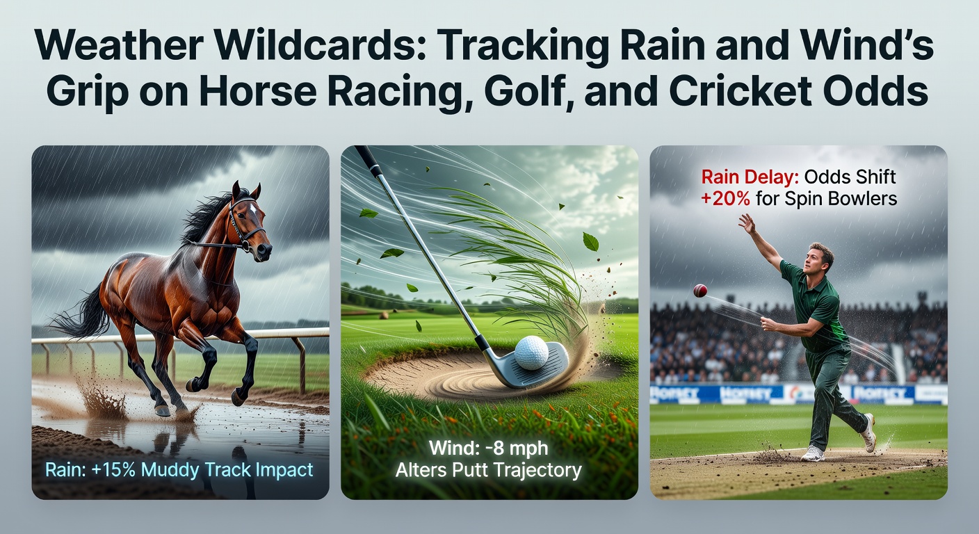 A horse racing track turned muddy under heavy rain, with jockeys pushing through the slop as wind whips the flags